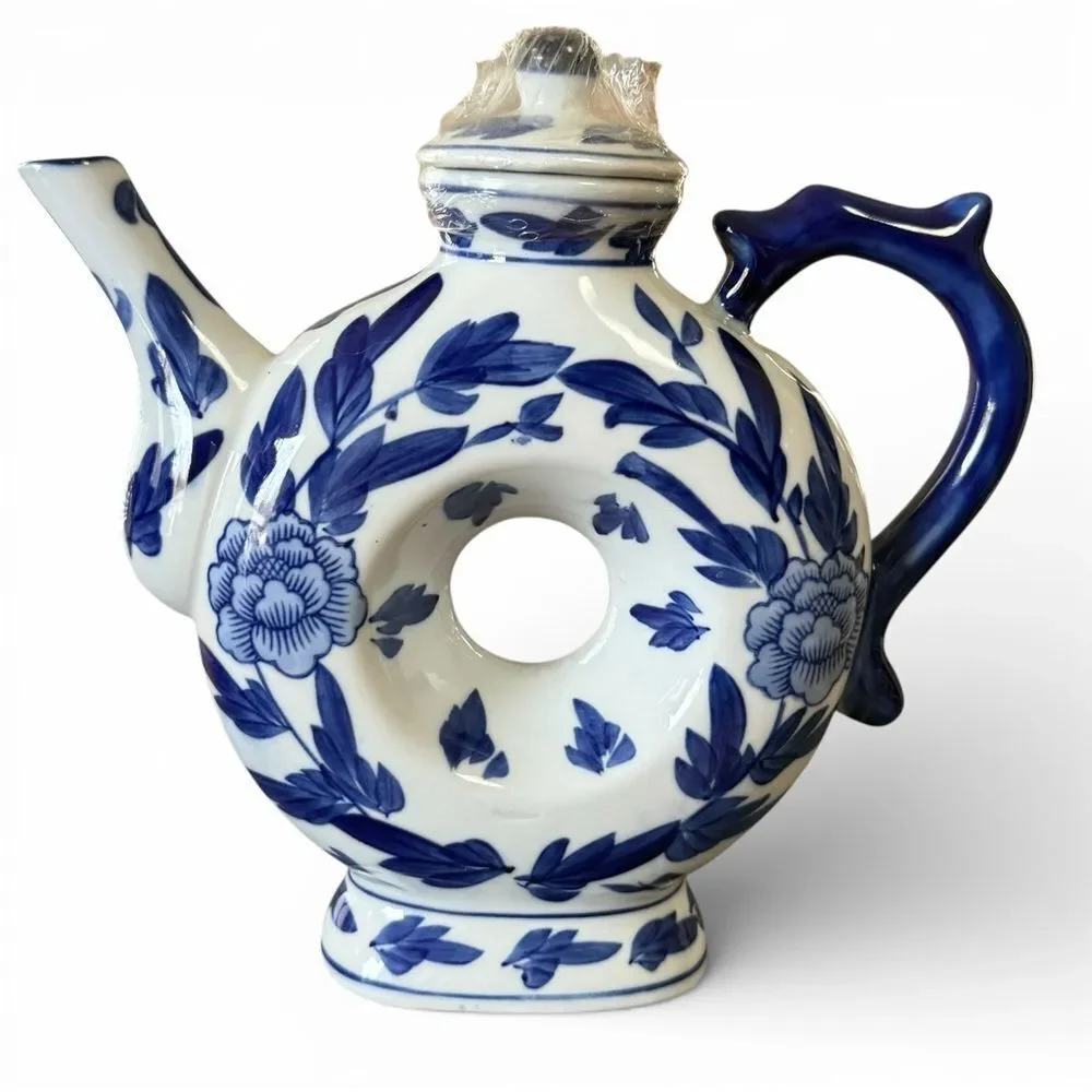 NWOT Vintage Chinese Cobalt Blue and White Donut Shaped Porcelain Teapot Decor